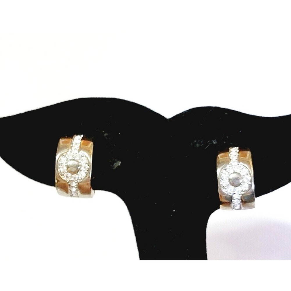 Vintage‎ Rhinestone Pierced Earrings Crescent Hoops Self-Closing Gold-tone gp-53